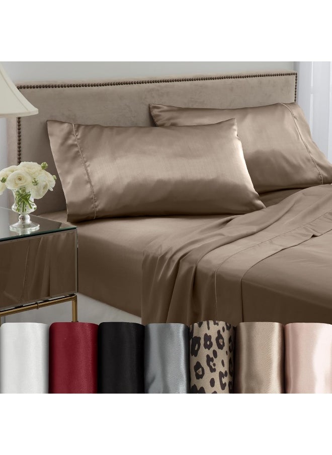 Martex Satin Silk 4 Piece King Bed Sheet Set - King Sheet Set - 1 Fitted Sheet, 1 Flat Sheet, 2 Pillow case - Hotel Quality - Super Soft & Breathable - Gold Sheet Set For Hair And Skin (King, Gold)
