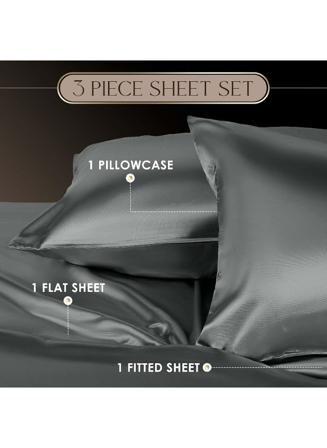 Martex 3-Piece Elegance Satin Sheets | Twin Size Bed Sheets | Luxury Hotel Quality Bed Sheets Set | Satin Sheets | Silky Soft & Smooth | Great for Hair & Skin | Silver Satin Sheets | Silver