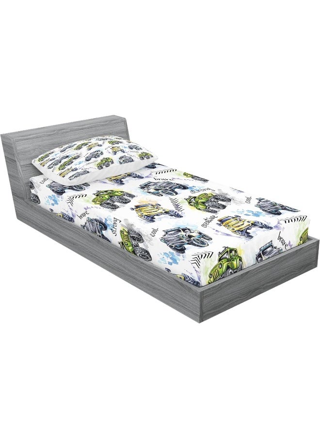 Ambesonne Cars Fitted Sheet & Pillow Sham Set, Hand Drawn Watercolored Monster Trucks Enormous Wheels Off Road Lifestyle, Decorative Printed 2 Piece Bedding Decor Set, Twin, Blue Yellow
