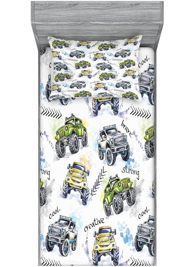 Ambesonne Cars Fitted Sheet & Pillow Sham Set, Hand Drawn Watercolored Monster Trucks Enormous Wheels Off Road Lifestyle, Decorative Printed 2 Piece Bedding Decor Set, Twin, Blue Yellow
