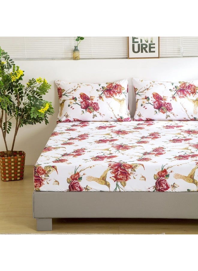 Tache Home Fashion Floral Red Roses Birds Ivory Microfiber Sheet Set Queen Red SD-7676-Sheets-Q