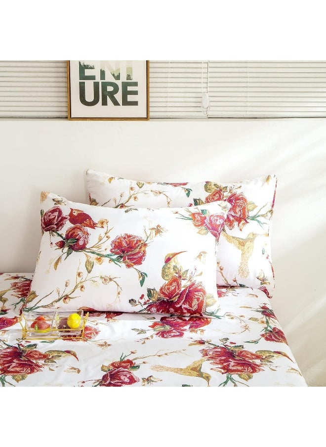 Tache Home Fashion Floral Red Roses Birds Ivory Microfiber Sheet Set Queen Red SD-7676-Sheets-Q