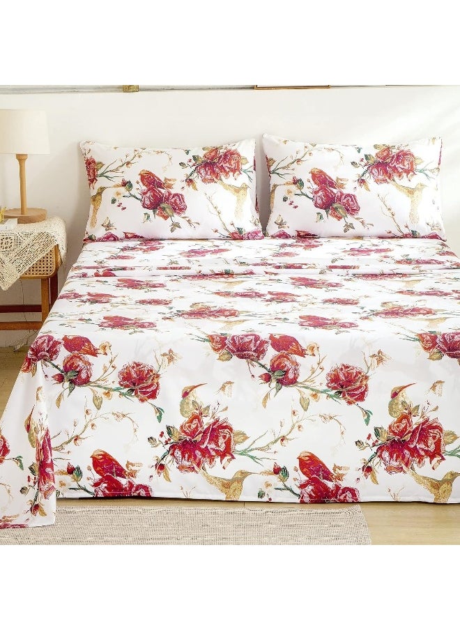Tache Home Fashion Floral Red Roses Birds Ivory Microfiber Sheet Set Queen Red SD-7676-Sheets-Q