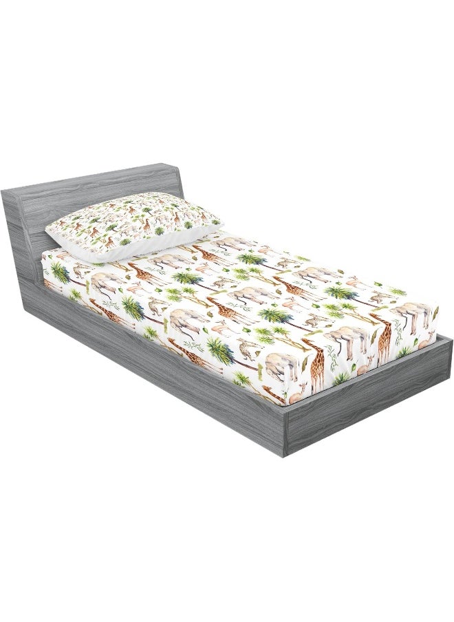 Ambesonne Watercolor Elephant Fitted Sheet & Pillow Sham Set, Wild Animals Giraffe Cheetah Antelope Savannah Palm Trees Tropic, Decorative Printed 2 Piece Bedding Decor Set, Twin, Green Pale Brown