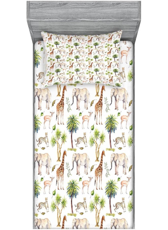 Ambesonne Watercolor Elephant Fitted Sheet & Pillow Sham Set, Wild Animals Giraffe Cheetah Antelope Savannah Palm Trees Tropic, Decorative Printed 2 Piece Bedding Decor Set, Twin, Green Pale Brown