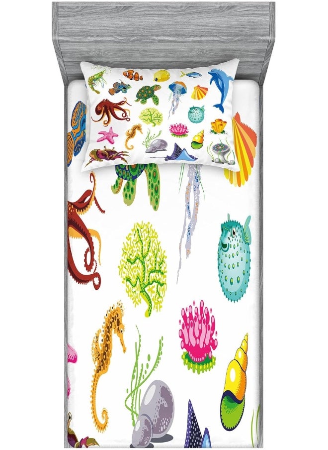 Ambesonne Marine Fitted Sheet & Pillow Sham Set, Sea Animals Octopus Dolphin Shells Stingray Crab Turtle Jellyfish Wildlife Graphic, Decorative Printed 2 Piece Bedding Decor Set, Twin, Green
