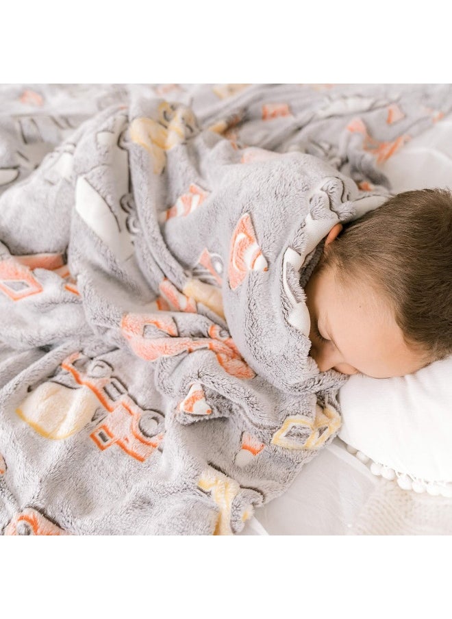 Construction Truck Blanket Glow in the Dark Luminous Tractor Blanket for Kids - Soft Plush Digger Dump Truck Excavator Blanket Throw For Boys - Large 60inx50in Glowing Big Trucks Toddler Blankets Gift