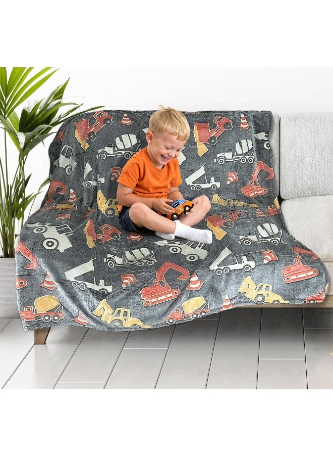 Construction Truck Blanket Glow in the Dark Luminous Tractor Blanket for Kids - Soft Plush Digger Dump Truck Excavator Blanket Throw For Boys - Large 60inx50in Glowing Big Trucks Toddler Blankets Gift