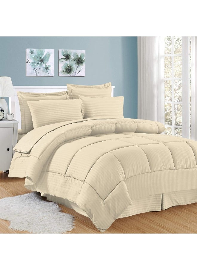 Sweet Home Collection 8 Piece Bed In A Bag with Dobby Stripe Comforter, Sheet Set, Bed Skirt, and Sham Set - King - Beige