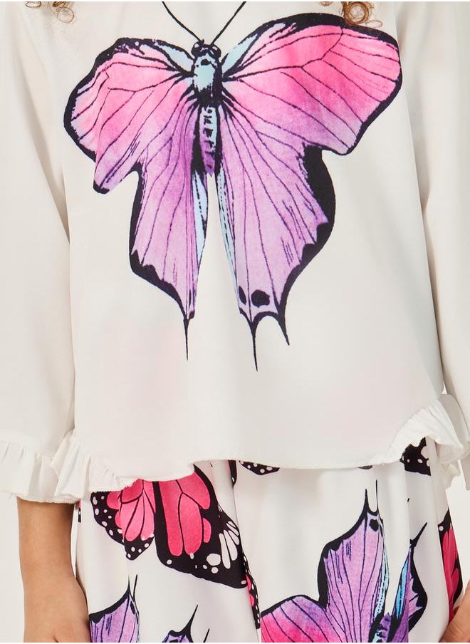 Butterfly Print Ruffled Top and Pants Set