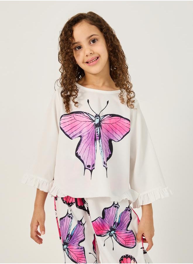 Butterfly Print Ruffled Top and Pants Set