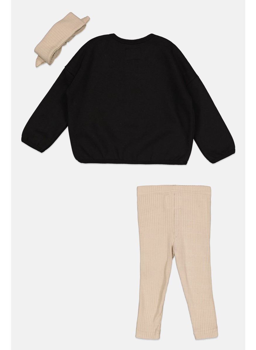 Toddlers Girl 3 Pcs Brand Logo Sweatshirts And Leggings, Head Band Sets, Black