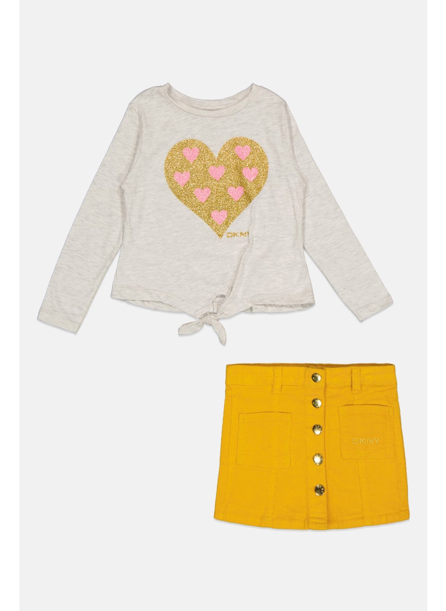 Toddlers Girl 2 Piece Glitter Graphic Top And Corduroy Skirt Set, Grey