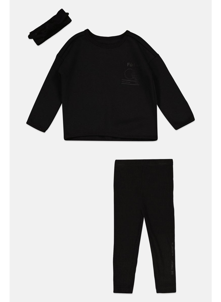 Toddlers Girl 3 Pcs Brand Logo Sweatshirts And Leggings, Head Band Sets, Black