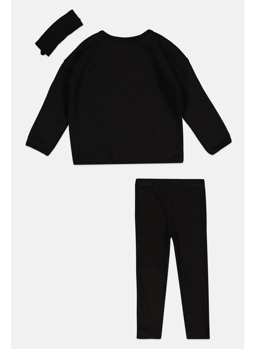 Toddlers Girl 3 Pcs Brand Logo Sweatshirts And Leggings, Head Band Sets, Black