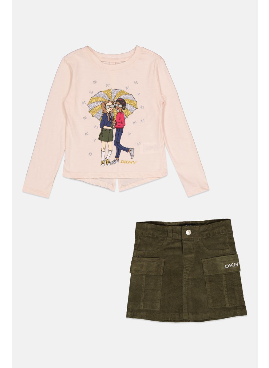 Toddlers Girl 2 Piece Graphic Print Top And Skirts Set, Peach