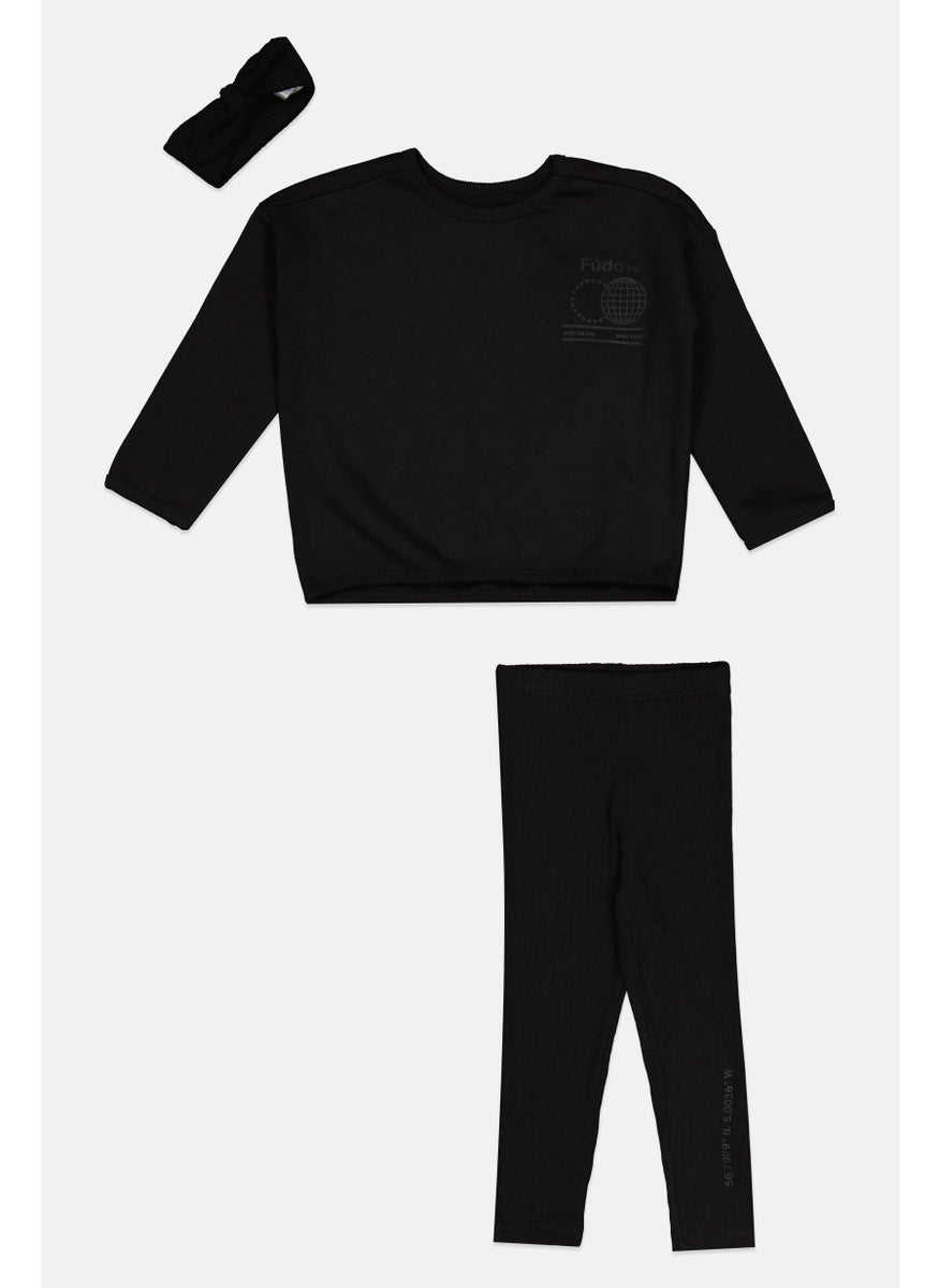 Toddlers Girl 3 Pcs Brand Logo Sweatshirt And Pants WIth Head Band Set, Black
