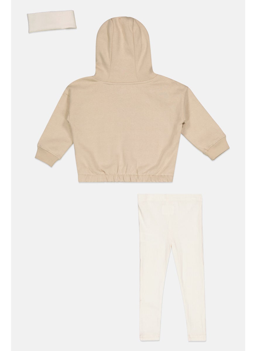 Toddlers Girl 3 Pieces Solid Hoodie And Leggings With Head Band Set, Beige