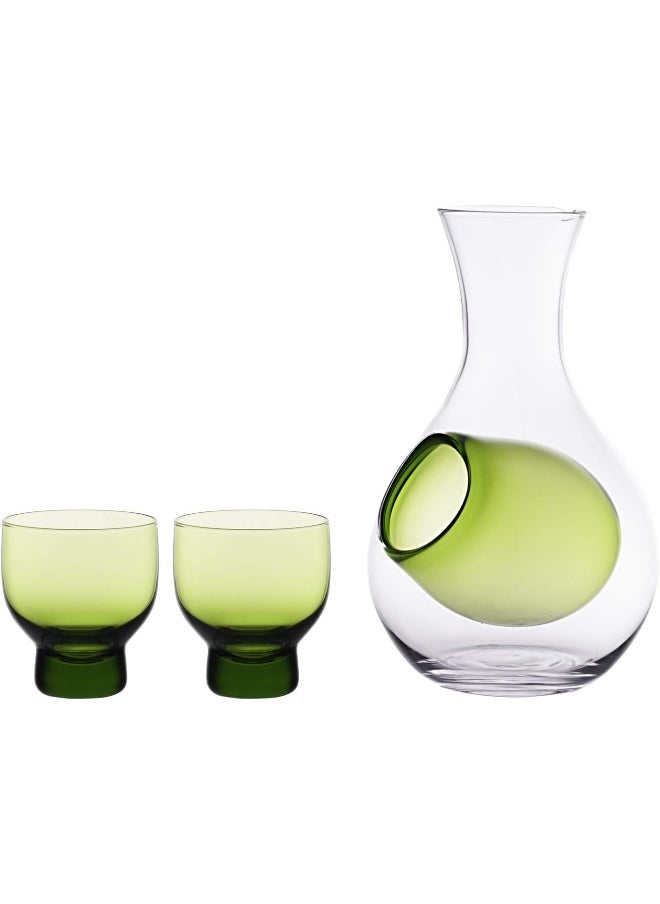Hinomaru Collection (Green Set) - Japanese Cold Sake Glass Decanter Bottle with Ice Pocket Cold Sake Chilled Server Home or Restaurant Use 350ml Sake Set