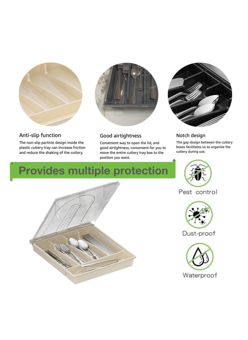 Utensil Tray with Lid, 5 Compartments Covered Silverware Organizer Case, Plastic Tray for Drawer for Spoons Forks, Plastic Cutlery and Flatware Storage Box for Kitchen Drawer and Countertop (Beige)
