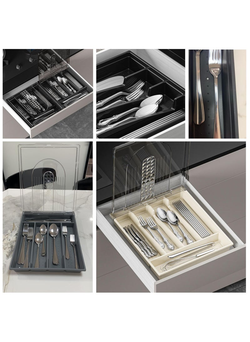 Utensil Tray with Lid, 5 Compartments Covered Silverware Organizer Case, Plastic Tray for Drawer for Spoons Forks, Plastic Cutlery and Flatware Storage Box for Kitchen Drawer and Countertop (Beige)
