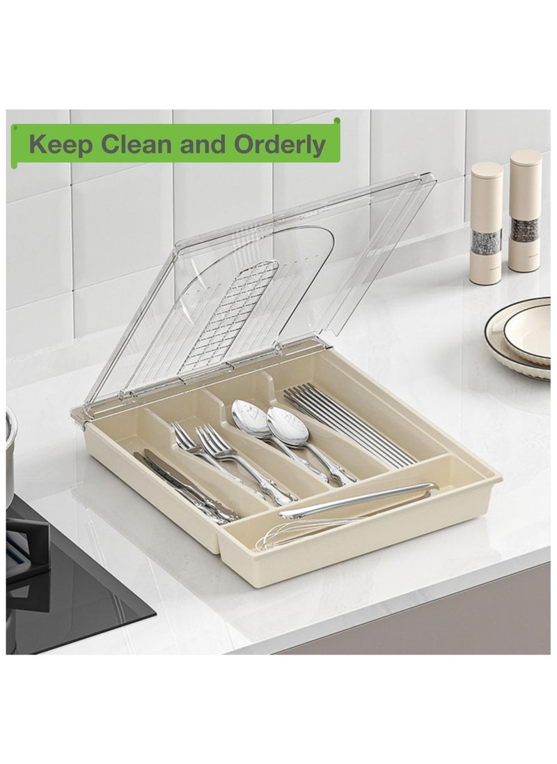 Utensil Tray with Lid, 5 Compartments Covered Silverware Organizer Case, Plastic Tray for Drawer for Spoons Forks, Plastic Cutlery and Flatware Storage Box for Kitchen Drawer and Countertop (Beige)