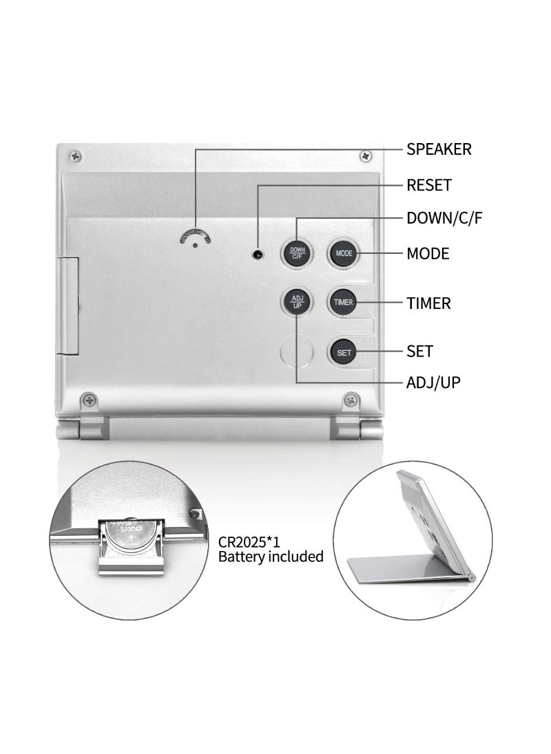 Digital Travel Alarm Clock, 2 Pcs Foldable Calendar Temperature Timer LCD Clock with Snooze Mode, Large Number Display, Battery Operated, Compact Desk Clock for All Ages (Silver)