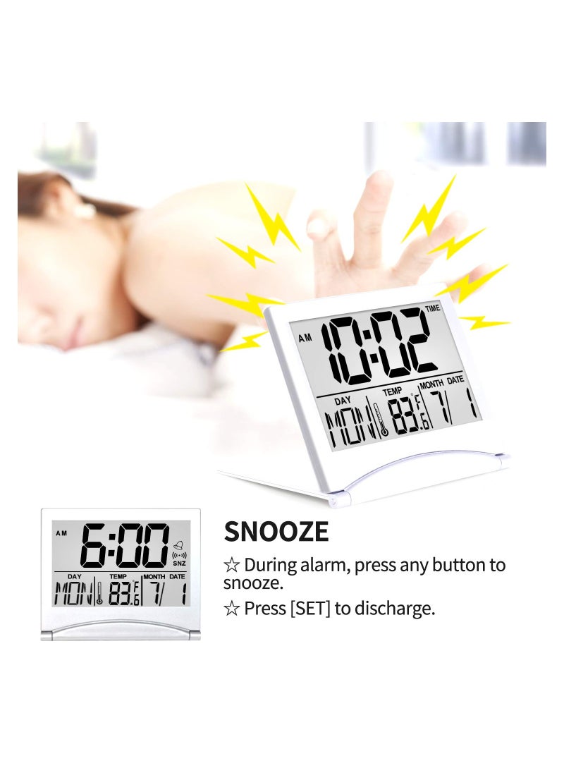 Digital Travel Alarm Clock, 2 Pcs Foldable Calendar Temperature Timer LCD Clock with Snooze Mode, Large Number Display, Battery Operated, Compact Desk Clock for All Ages (Silver)
