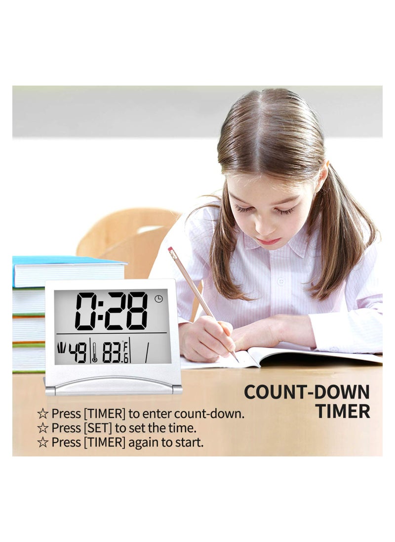 Digital Travel Alarm Clock, 2 Pcs Foldable Calendar Temperature Timer LCD Clock with Snooze Mode, Large Number Display, Battery Operated, Compact Desk Clock for All Ages (Silver)
