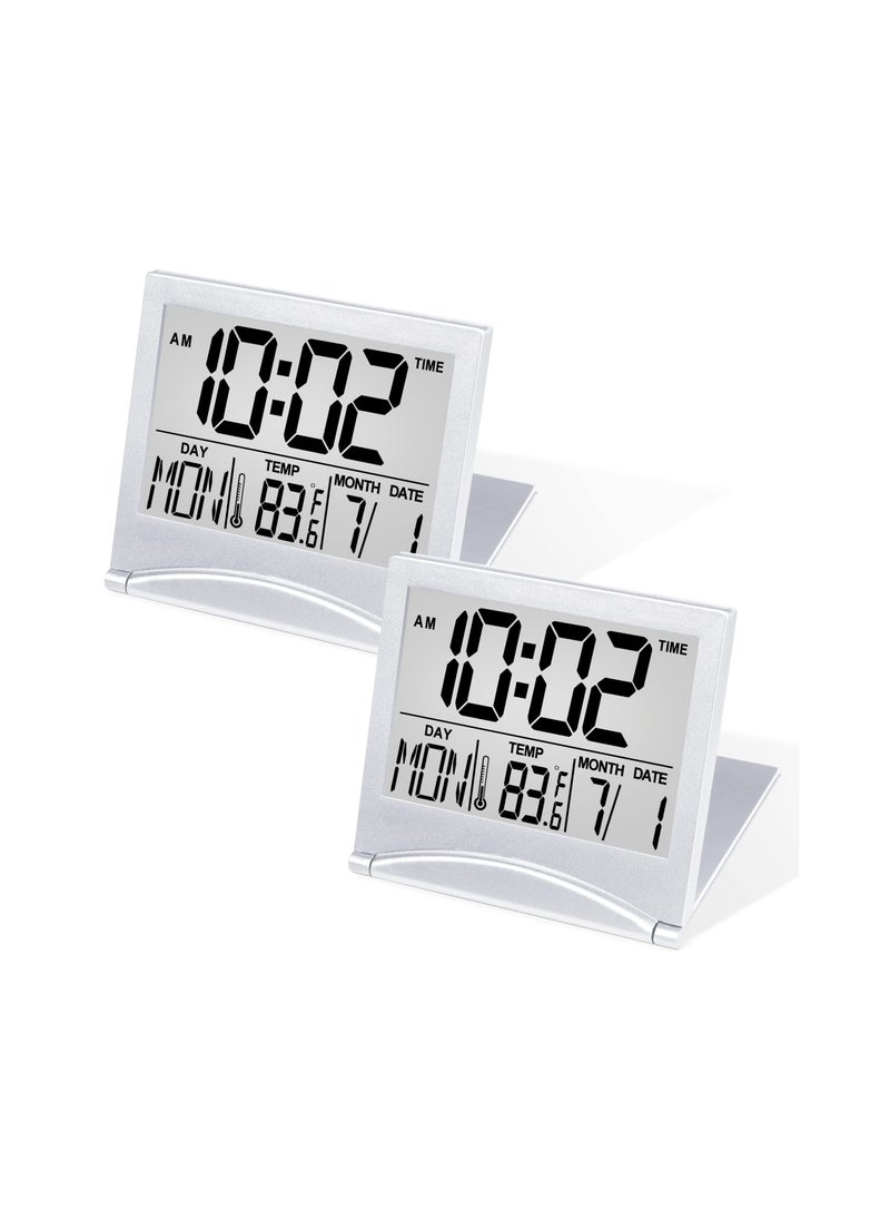 Digital Travel Alarm Clock, 2 Pcs Foldable Calendar Temperature Timer LCD Clock with Snooze Mode, Large Number Display, Battery Operated, Compact Desk Clock for All Ages (Silver)