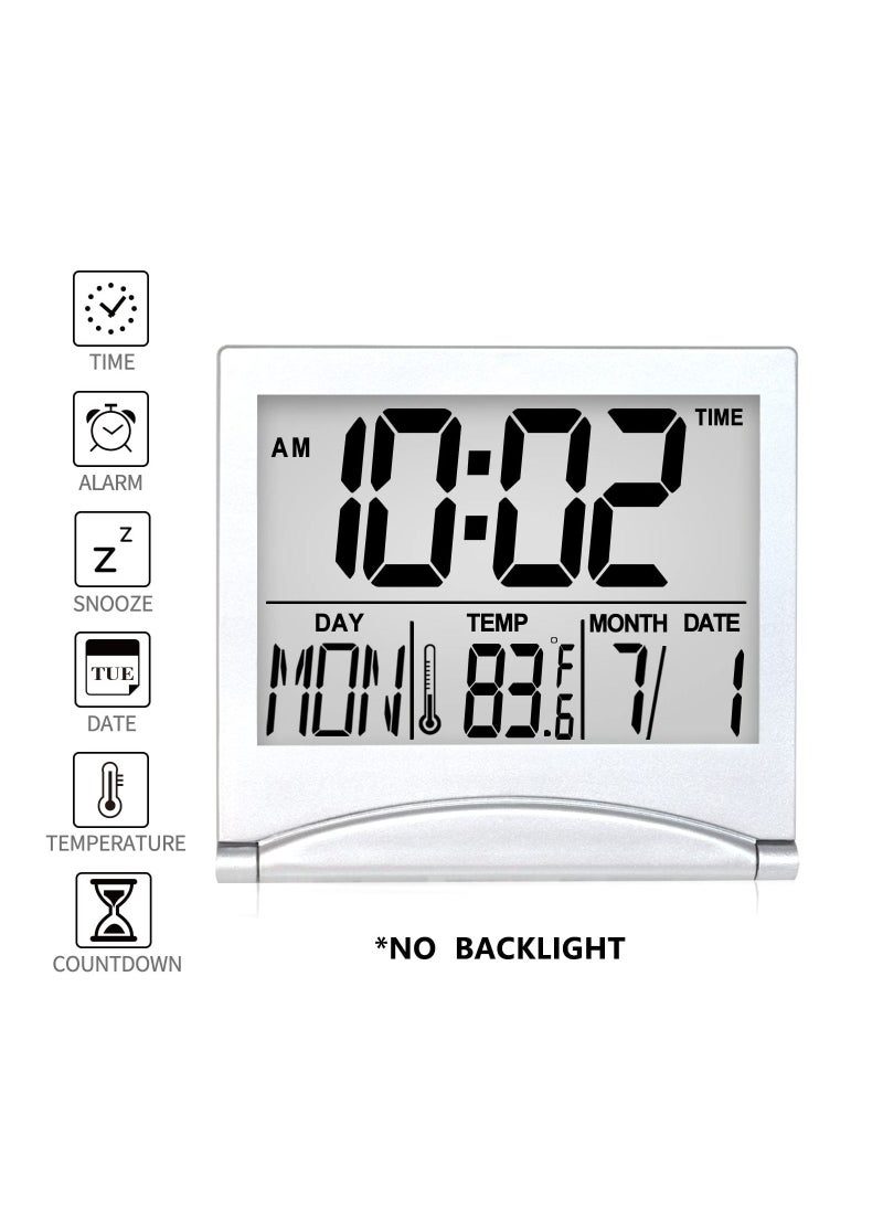 Digital Travel Alarm Clock, 2 Pcs Foldable Calendar Temperature Timer LCD Clock with Snooze Mode, Large Number Display, Battery Operated, Compact Desk Clock for All Ages (Silver)
