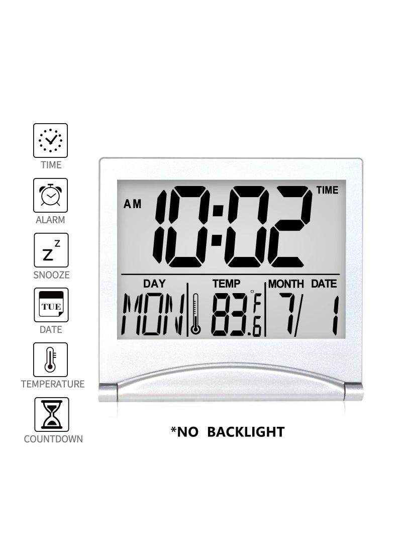 Digital Travel Alarm Clock, 2 Pcs Foldable Calendar Temperature Timer LCD Clock with Snooze Mode, Large Number Display, Battery Operated, Compact Desk Clock for All Ages (Silver)