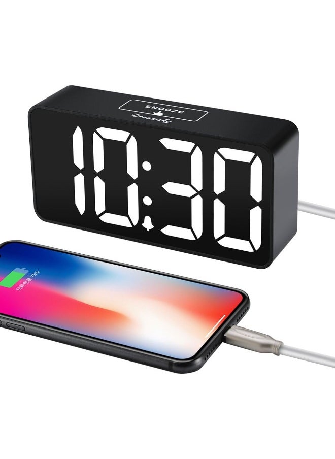 DreamSky Compact Digital Alarm Clock with USB Port for Charging, Adjustable Brightness Dimmer, Bold Digit Display,12/24Hr, Snooze (White)