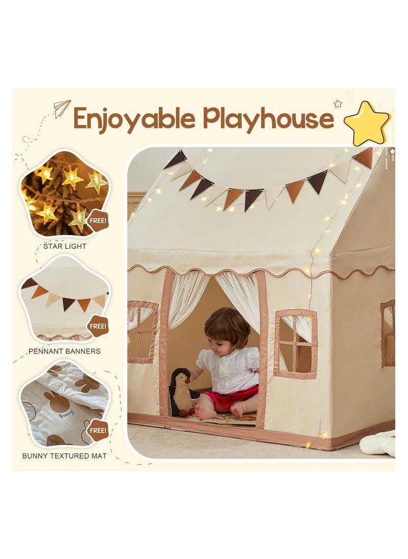 Kids Tent Play House Basic Mat with Lighting, Boys and Girls Castle Tent, Washable Children's Toy Tent for Indoor and Outdoor, Neutral Color, Cream