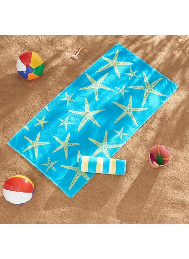 Great Bay Home Towel, Large Beach Cotton Towel Set of 2, for Adults and Kids and Pool Towels, Lightweight Quick Dry Beach Towel Pack, Starfish - Blue/Yellow