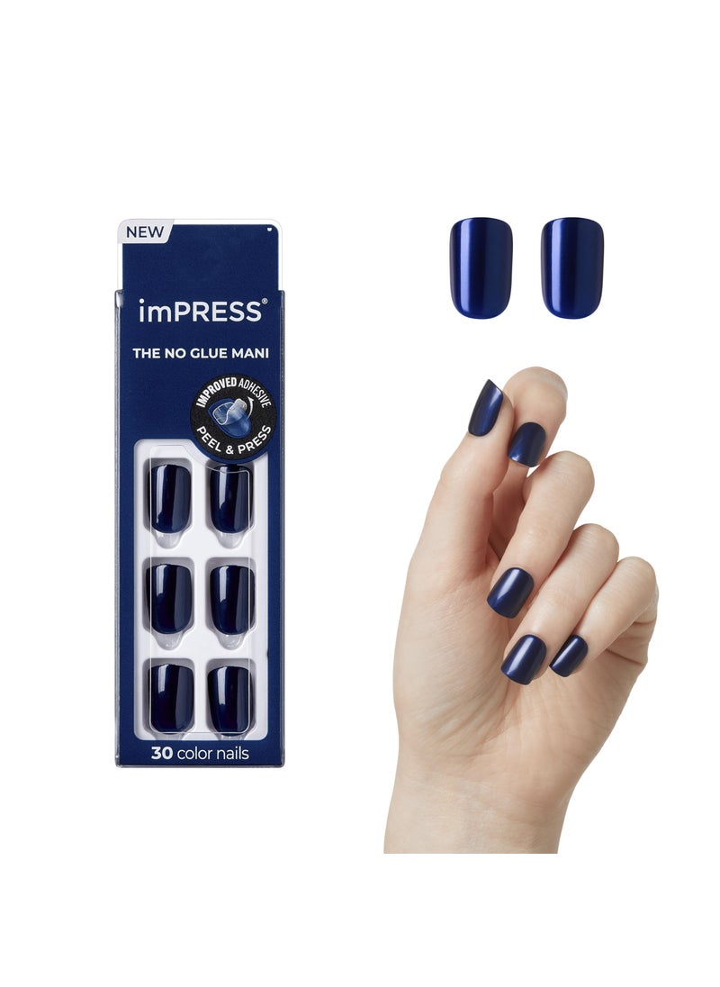 KISS imPRESS No Glue Mani Press On Nails, Color, 'Never Too Navy', Blue, Short Size, Squoval Shape, Includes 30 Nails, Prep Pad, Instructions Sheet, 1 Manicure Stick, 1 Mini File