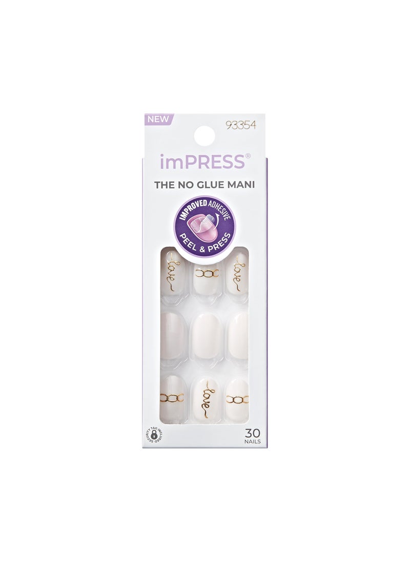 KISS imPRESS No Glue Mani PressOn Nails Design Cupid Heart White Short Size Oval Shape Includes 30 Nails Prep Pad Instructions Sheet 1 Manicure Stick 1 Mini File