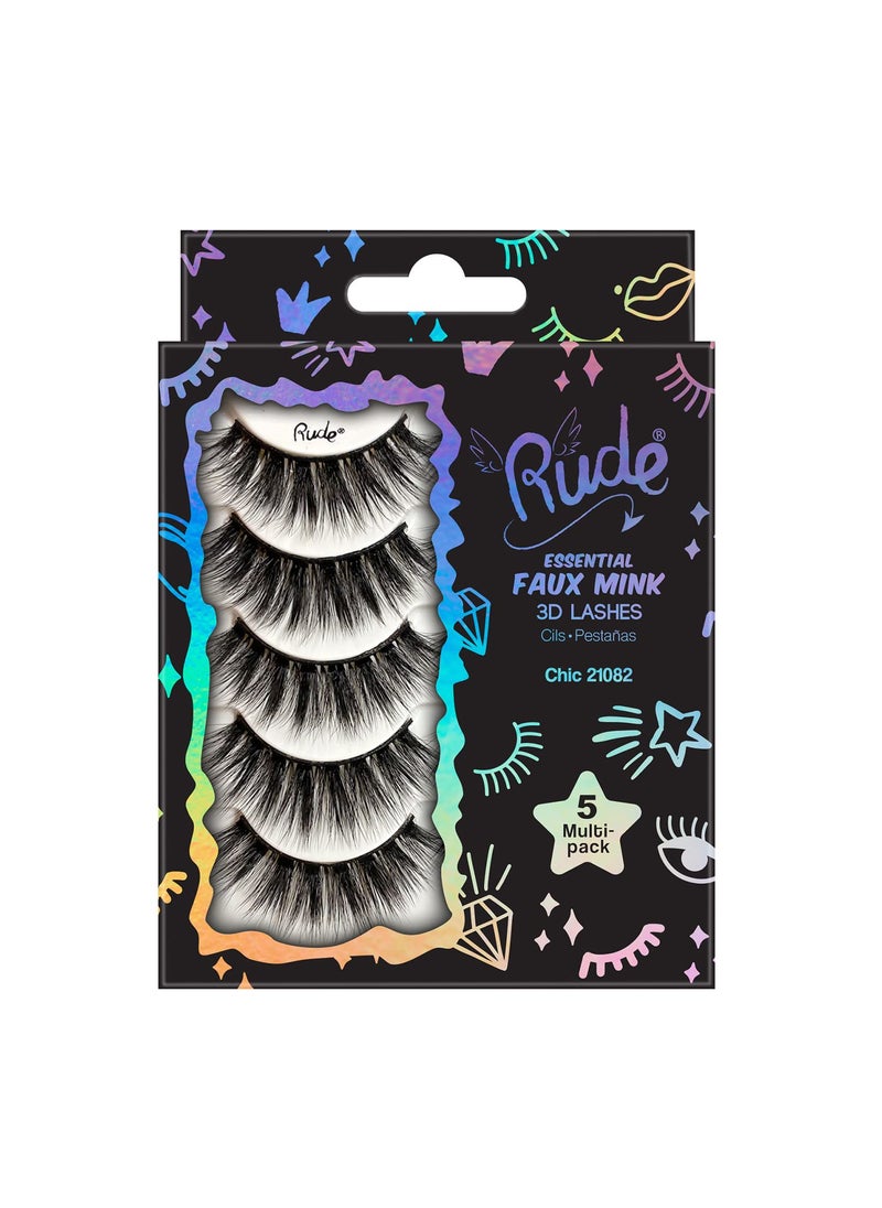 Essential Faux Mink 3D Lashes  Chic by Rude Cosmetics for Women  5 Pair Eyelashes