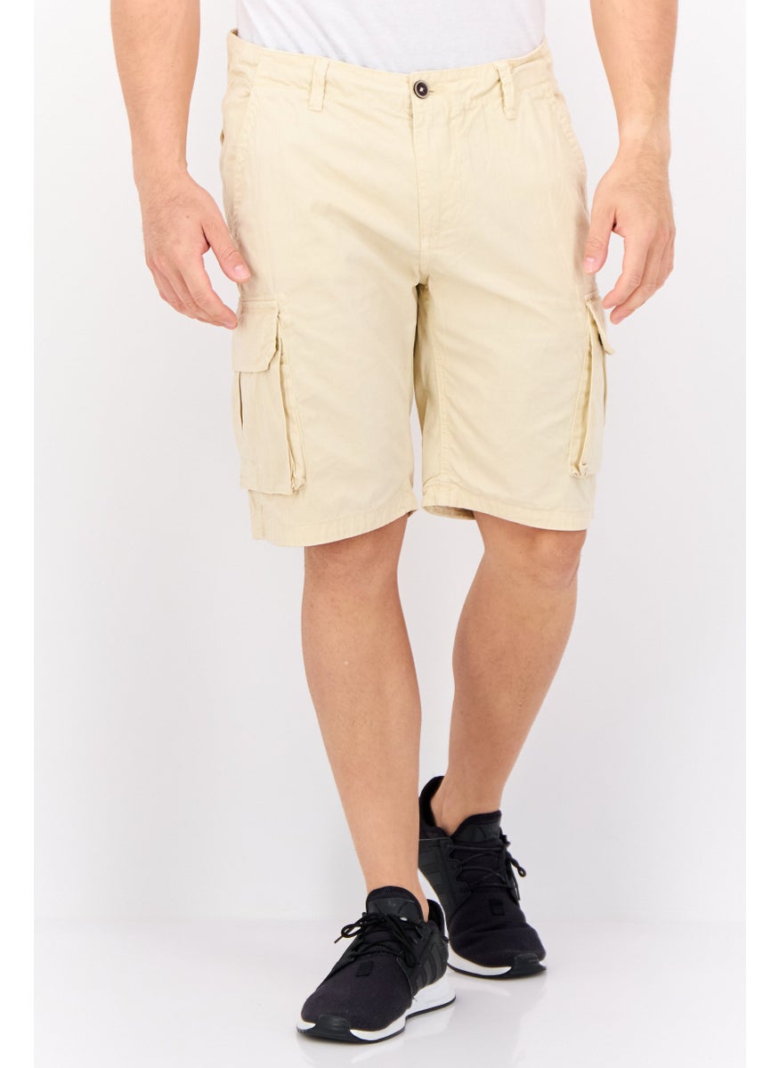 Men Plain Cargo Shorts, Beige