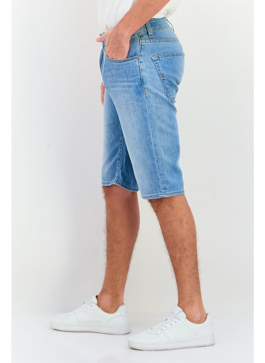 Men Washed Denim Short, Blue