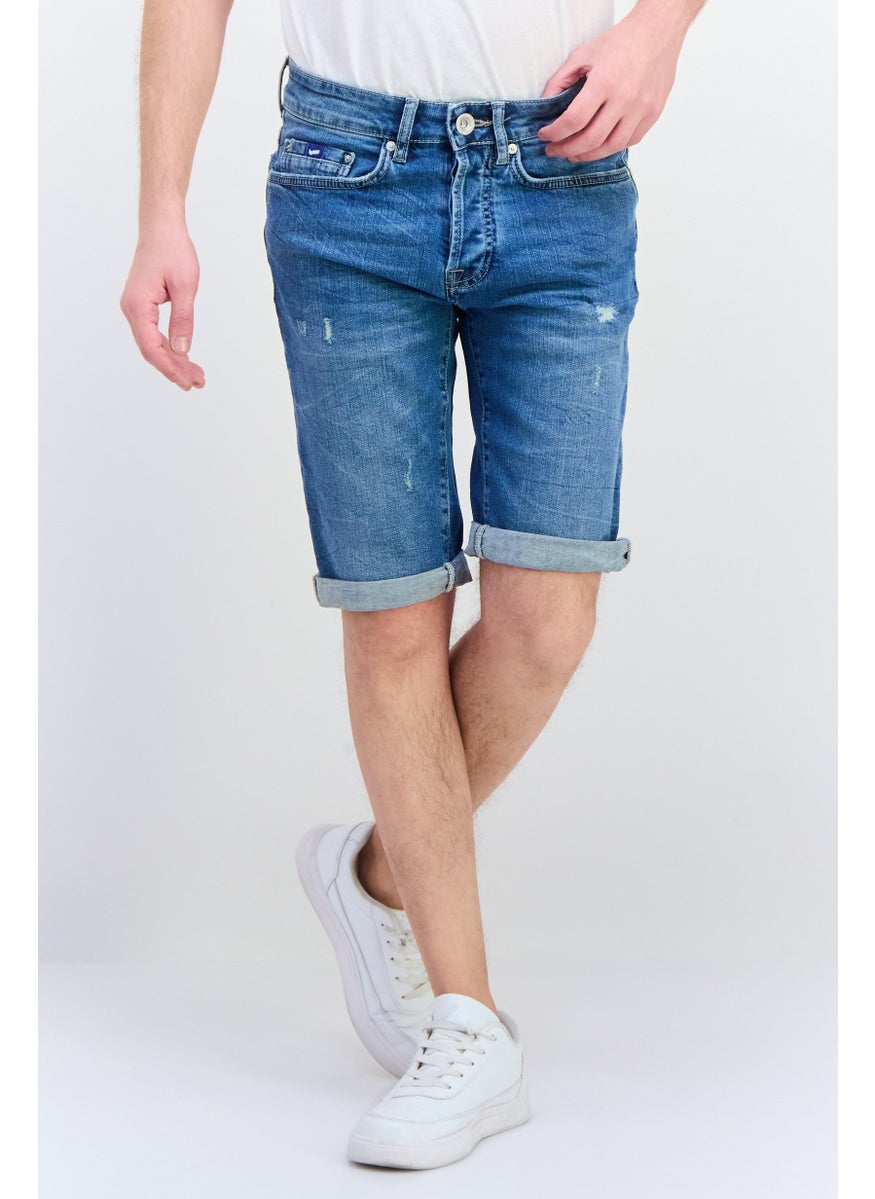 Men Wash Denim Shorts, Blue