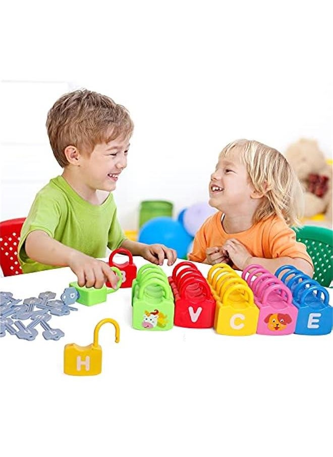 Color Alphabet Learning Lock Toys Educational Letter Combination-with 26 Locks, 26 Keys Montessori Preschool Alphabet Learning Game for Ages 3 yrs+
