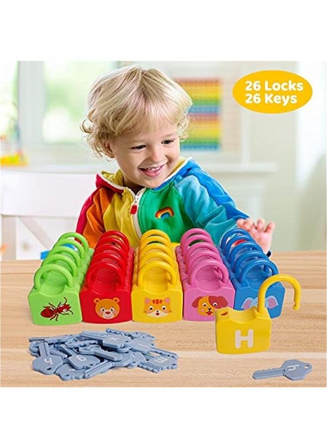 Color Alphabet Learning Lock Toys Educational Letter Combination-with 26 Locks, 26 Keys Montessori Preschool Alphabet Learning Game for Ages 3 yrs+