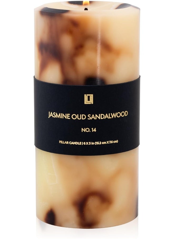 Lulu Candles - Jasmine, Oud & Sandalwood (3x6 Pillar Candle) - Highly Scented Premium Candles in Giftable Box for Home and Office - 100% Cotton Wick - Slow Burning & Long Lasting