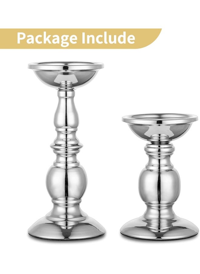 Nuptio Pillar Candle Holders Metal Candle Holder Ideal for 3 inches Candles, Silver Candle Holder for Living Room, Gardens, Spa, Aromatherapy, Incense Cones, Wedding, Party, 2 Pcs