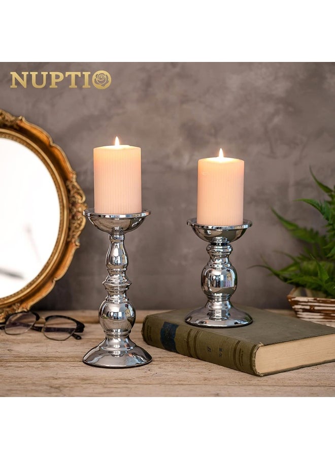 Nuptio Pillar Candle Holders Metal Candle Holder Ideal for 3 inches Candles, Silver Candle Holder for Living Room, Gardens, Spa, Aromatherapy, Incense Cones, Wedding, Party, 2 Pcs