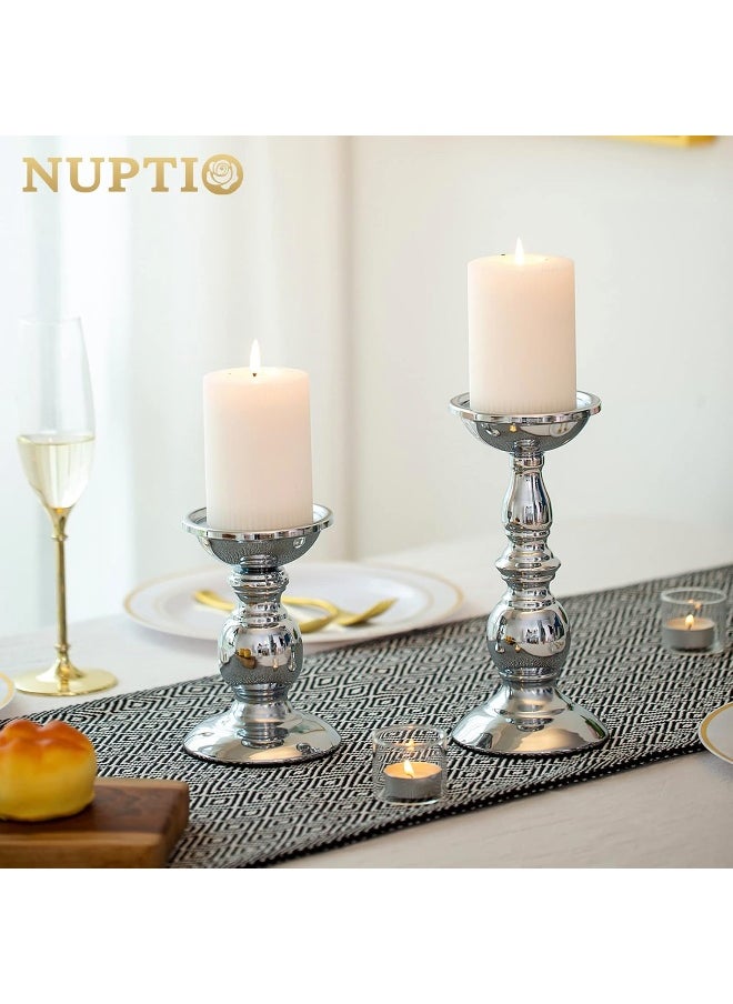 Nuptio Pillar Candle Holders Metal Candle Holder Ideal for 3 inches Candles, Silver Candle Holder for Living Room, Gardens, Spa, Aromatherapy, Incense Cones, Wedding, Party, 2 Pcs