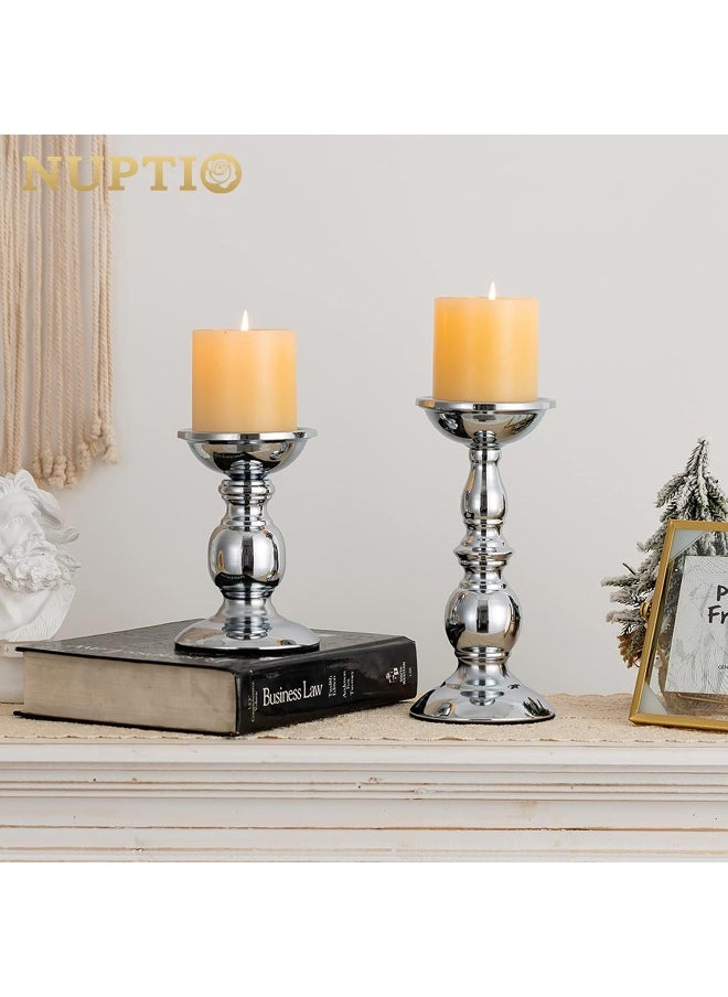 Nuptio Pillar Candle Holders Metal Candle Holder Ideal for 3 inches Candles, Silver Candle Holder for Living Room, Gardens, Spa, Aromatherapy, Incense Cones, Wedding, Party, 2 Pcs