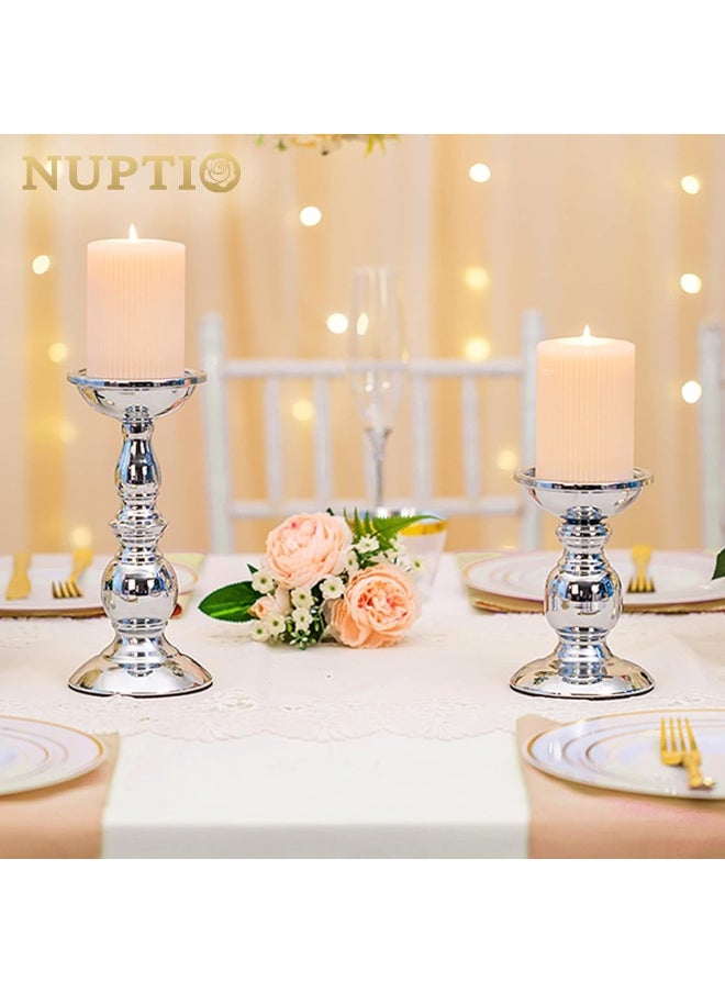 Nuptio Pillar Candle Holders Metal Candle Holder Ideal for 3 inches Candles, Silver Candle Holder for Living Room, Gardens, Spa, Aromatherapy, Incense Cones, Wedding, Party, 2 Pcs