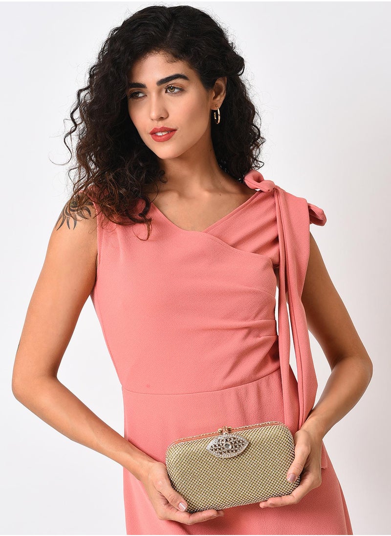 Textured Push Lock Clutch Bag with Chain Strap